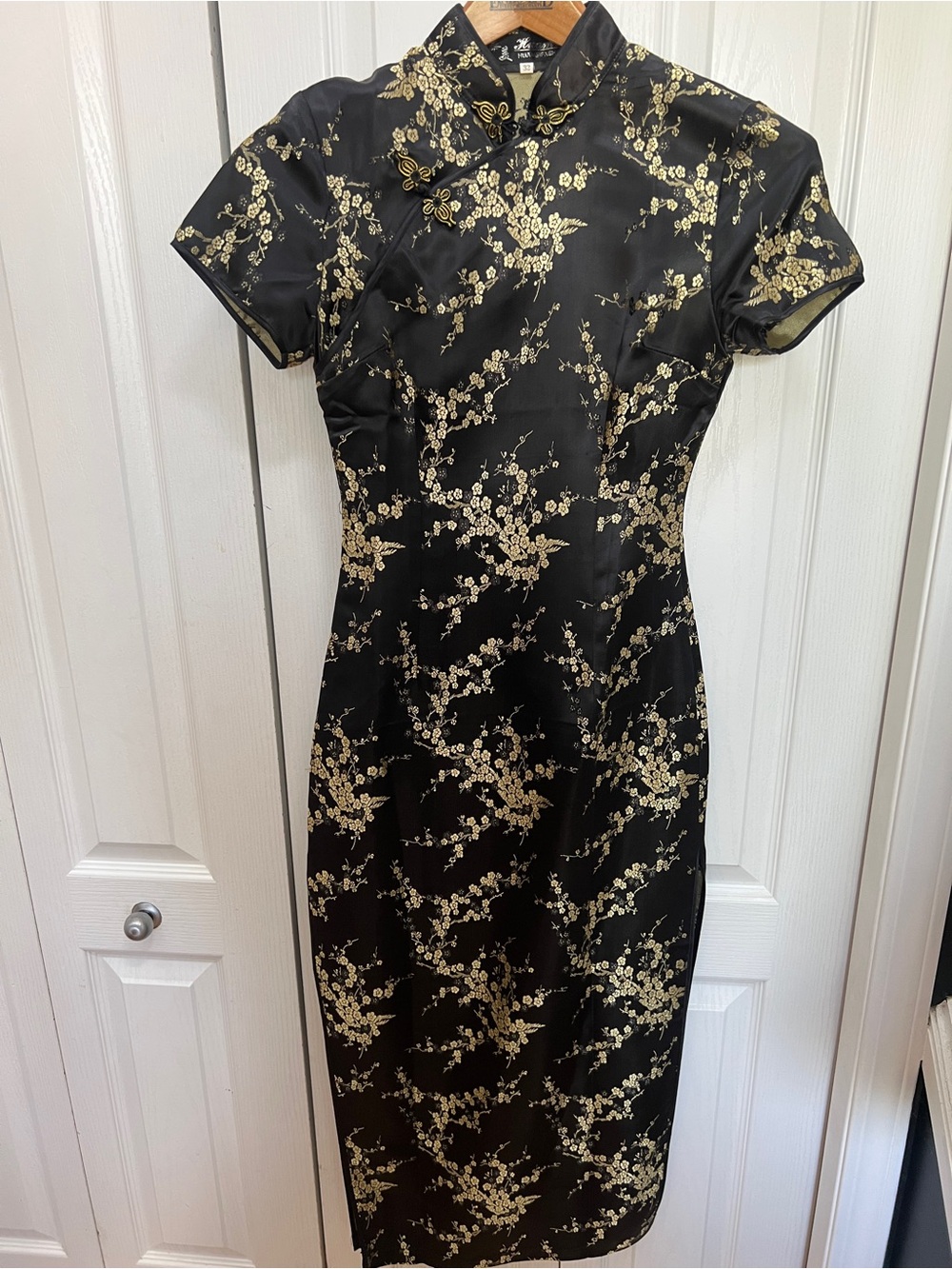 Black & Gold Floral Satin Cheongsam Dress